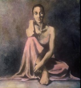 portrait image painting of a woman in a dress sitting in the floor