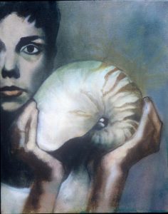 Hand drawn portrait of A woman holding a sea shell